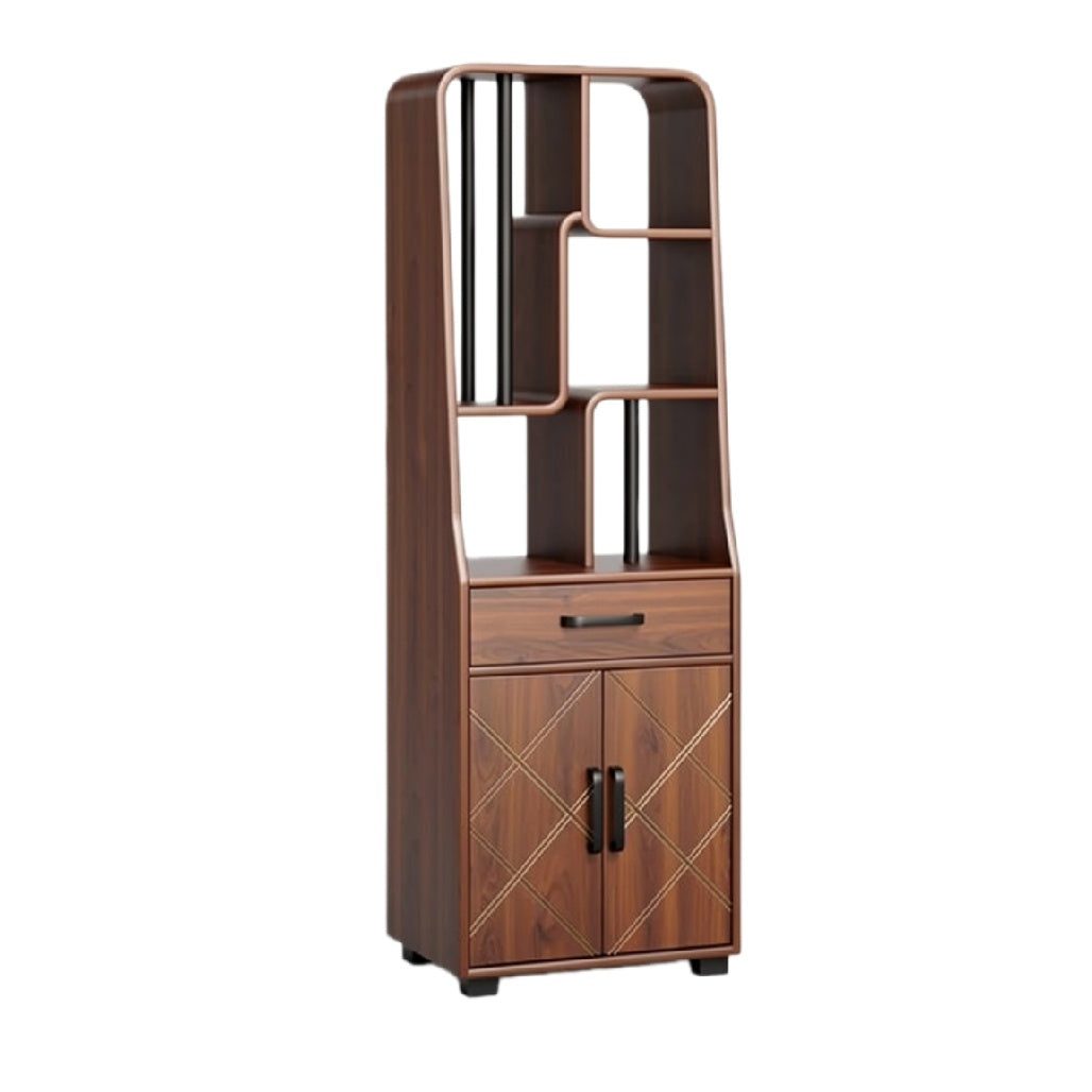 Moderne houten boekenplank met lade en decoratieve deuren
